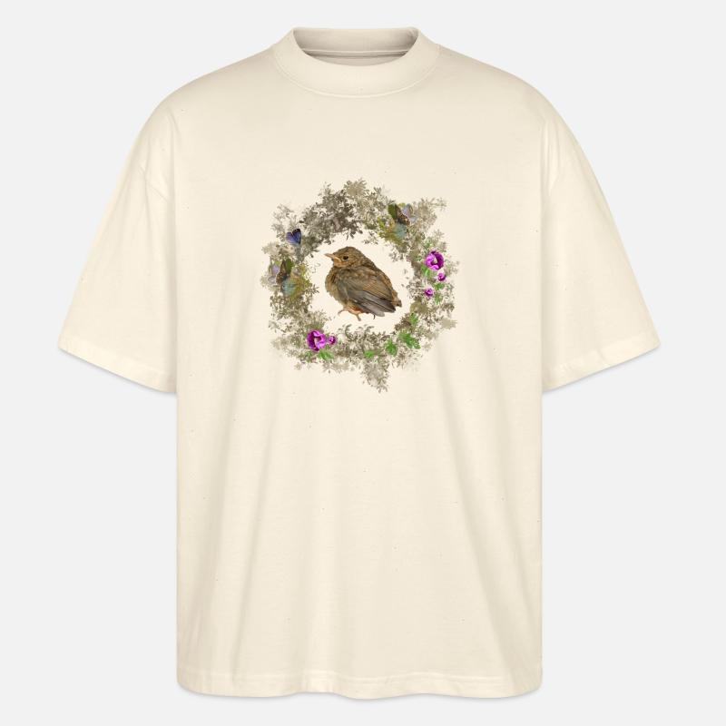 Rotkehlchen mit zarten Blüten und Bläulingen - Stanley/Stella Oversized Unisex Bio T-Shirt Blaster 2.0 - Natur