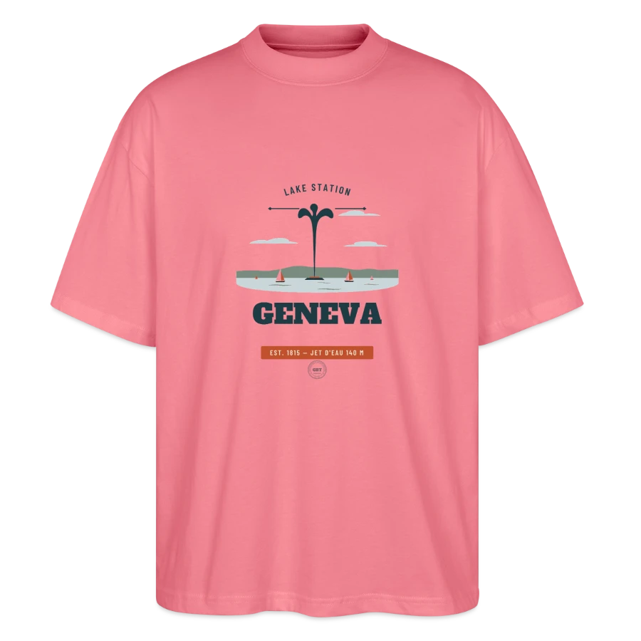 Geneva badge on a stanley/stella oversized unisex organic t-shirt blaster 2.0, pink joy 