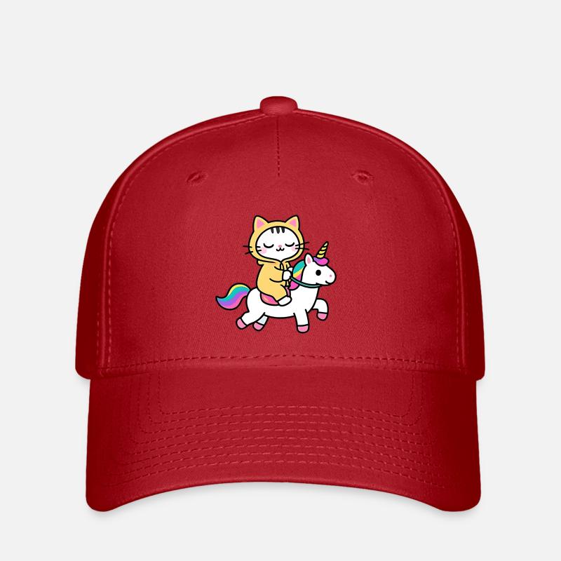 Katze auf einem Regenbogen-Einhorn - Flexfit Cap - Rot