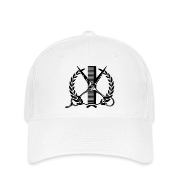 Logo couronne de laurier coiffeur, ciseaux avec peigne - Casquette Flexfit - blanc - Devant