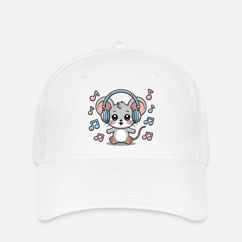Cute mouse with headphones and music notes - Flexfit Cap - white