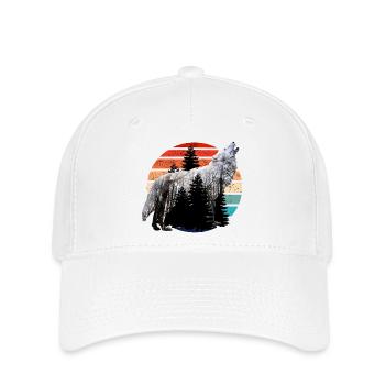 heulender Wolf Doppelbelichtung mit Retro Sunset - Flexfit Cap - Weiß - Vorne