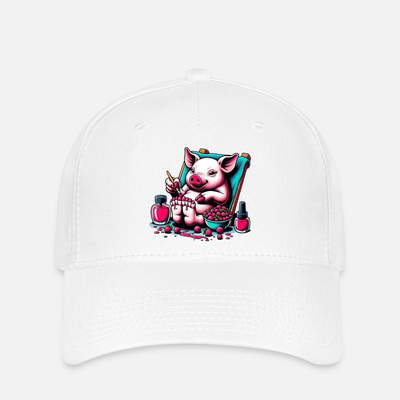 Piggy Pedicure with Berry Red Polish - Flexfit Cap - white