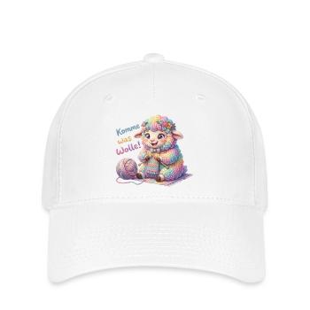 Komme was Wolle - Strickendes Schaf Wollknäuel  - Flexfit Cap - Weiß - Vorne