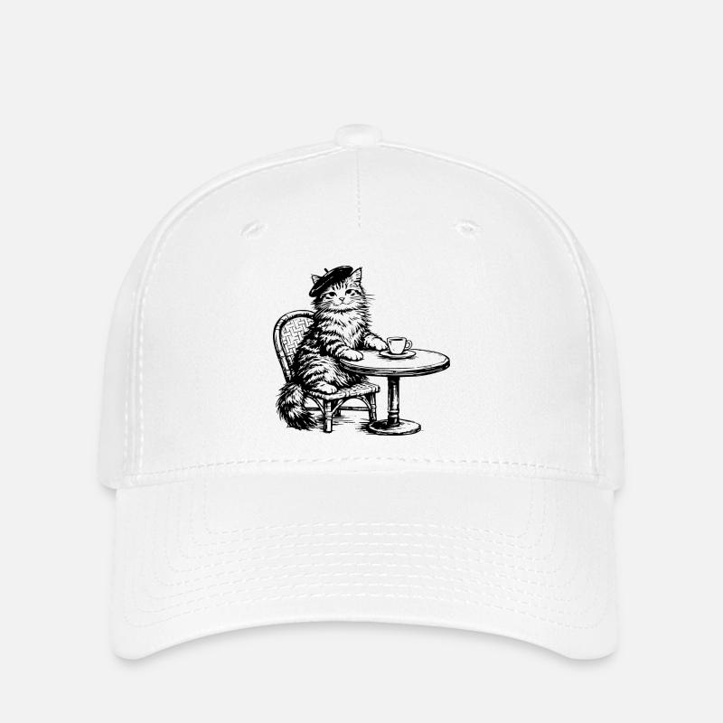 Cat with Coffee Beret - Retro Vintage Design - Flexfit Cap - white