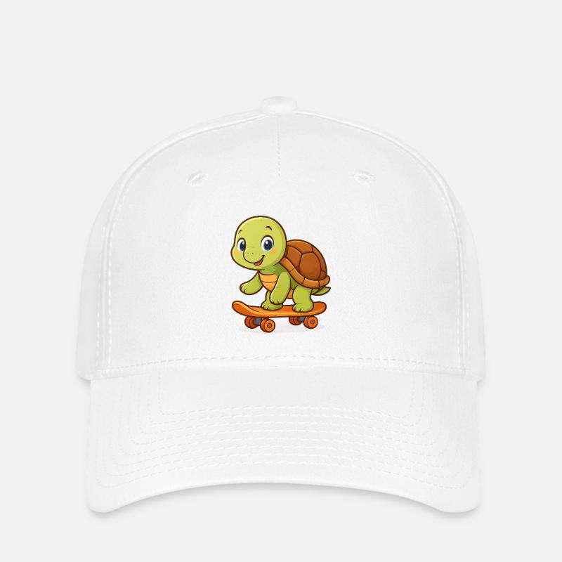 Tortue mignonne sur skateboard - Casquette Flexfit - blanc