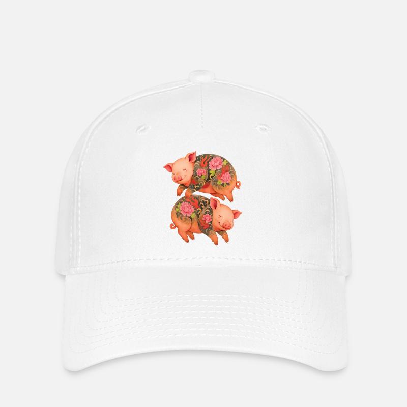 Floating Tattooed Piglets – Double Zen Ink - Flexfit Cap - white