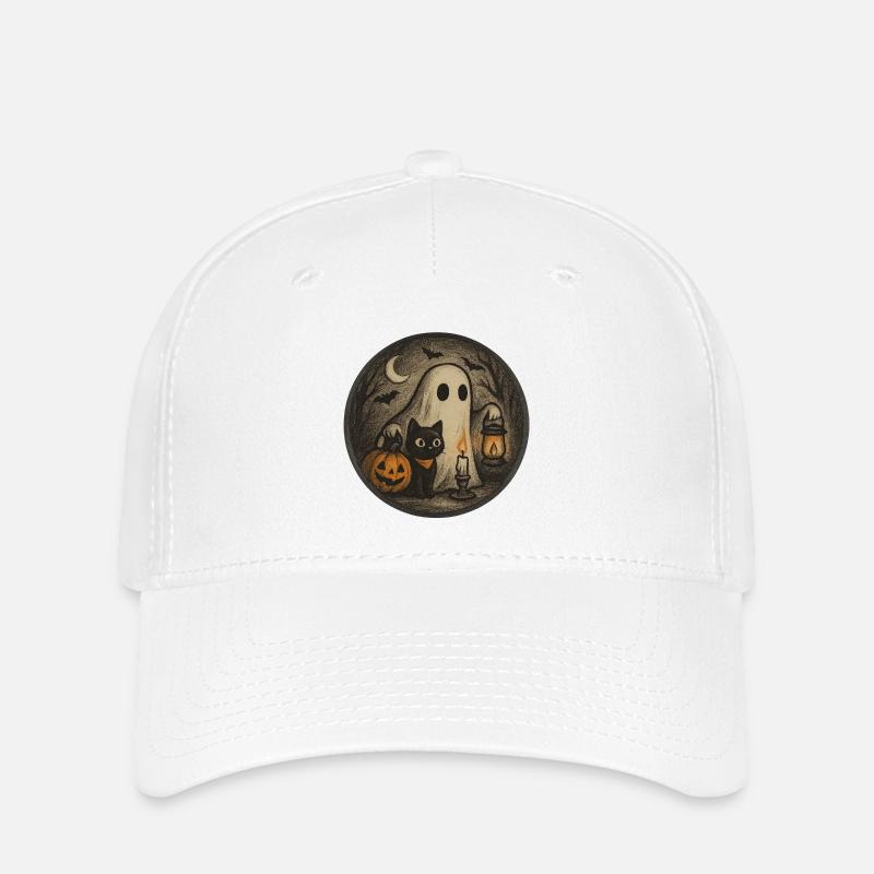 Spooky Halloween night scene with cat - Flexfit Cap - white