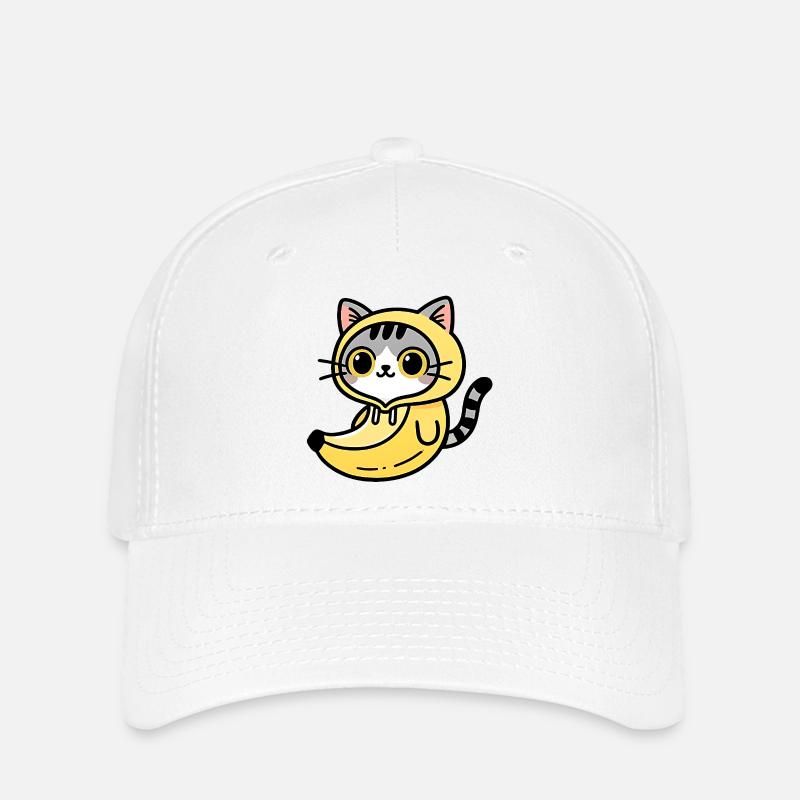 Kawaii Katze im bananengelben Kapuzenpullover - Flexfit Cap - Weiß