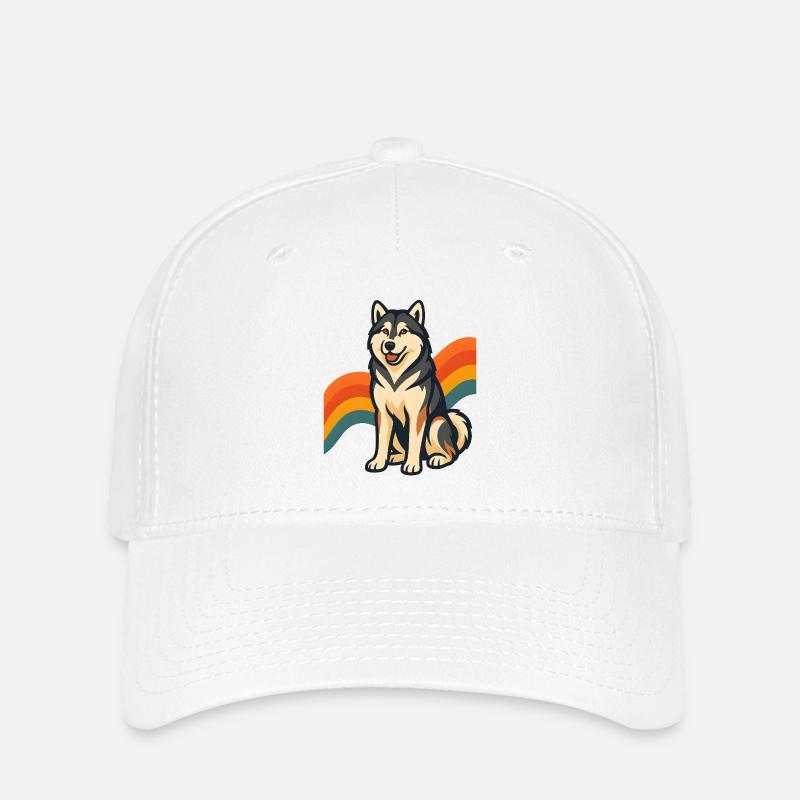 Alaskan Malamute Dog with Rainbow Background - Flexfit Cap - white