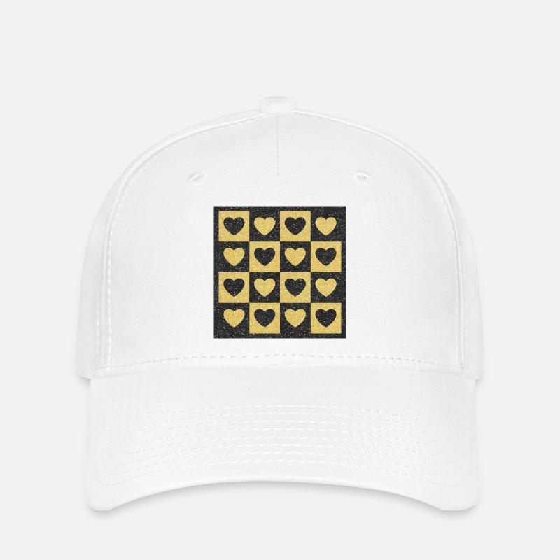 Checkerboard Golden Hearts on Black Glitter - Flexfit Cap - white