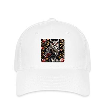 Hibou avec des vrilles de pétales de rose en aspect gravure sur bois - Casquette Flexfit - blanc - Devant