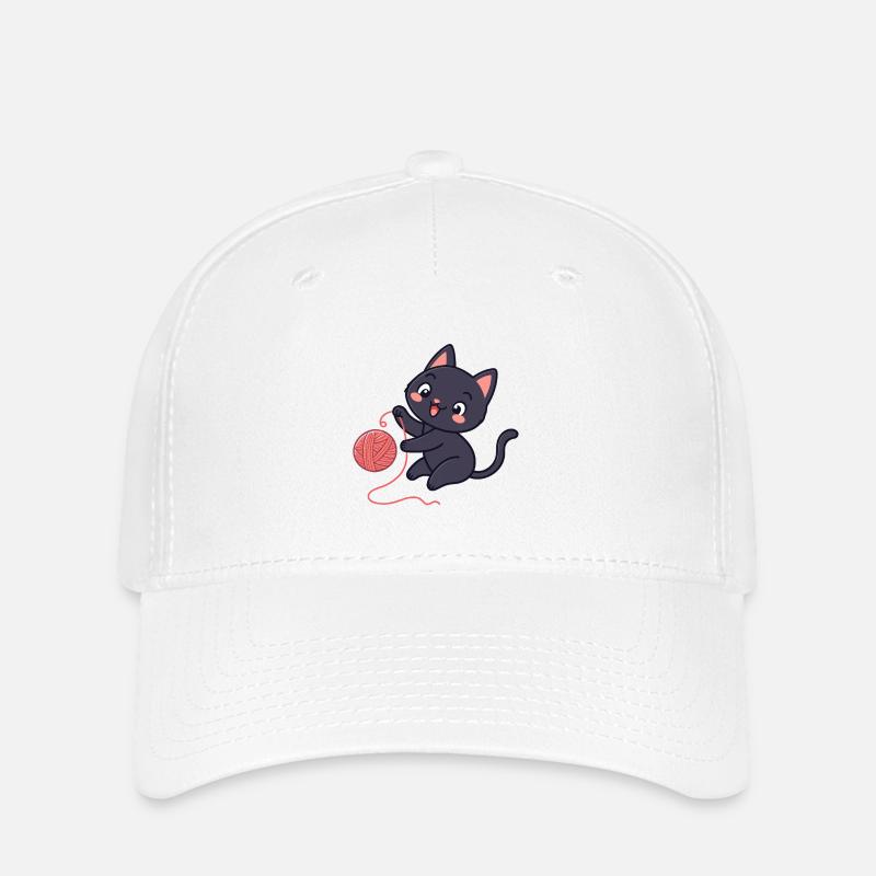 Black kitten and ball of wool - Flexfit Cap - white