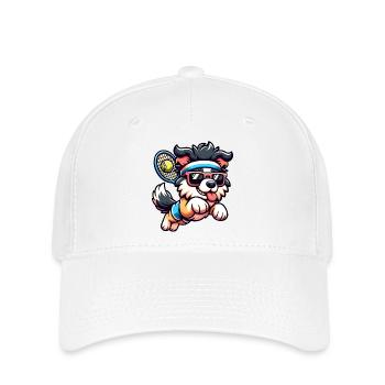 Tennis Hund Welpe Mit Sonnenbrille Und Stirnband - Flexfit Cap - Weiß - Vorne