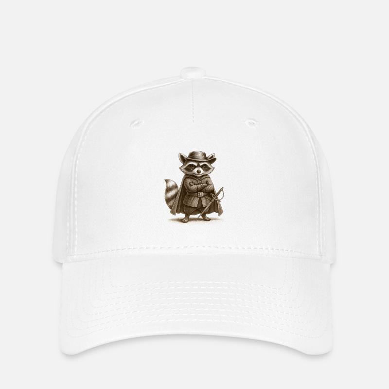 Edler Waschbär mit Degen – Vintage Gravur - Flexfit Cap - Weiß