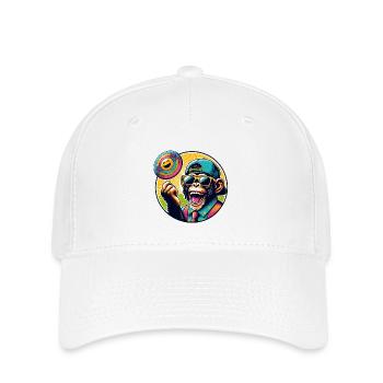 Chimpanzé avec lunettes de soleil, casquette de baseball et frisbee - Casquette Flexfit - blanc - Devant