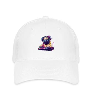 Mops Hund DJ Geschenkidee - DJ Hund - Flexfit Cap - Weiß - Vorne