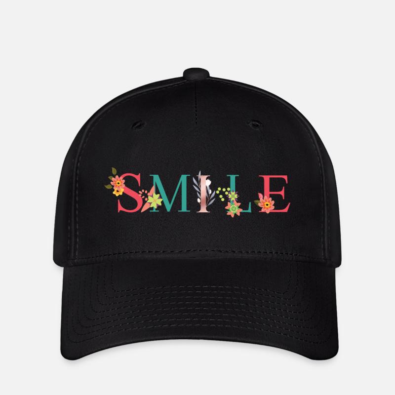 SMILE Namenskunst mit gestickten Blumen - Flexfit Cap - Schwarz