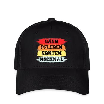 Landwirt Shirt: "Säen, pflegen, ernten, nochmal" - Flexfit Cap - Schwarz - Vorne