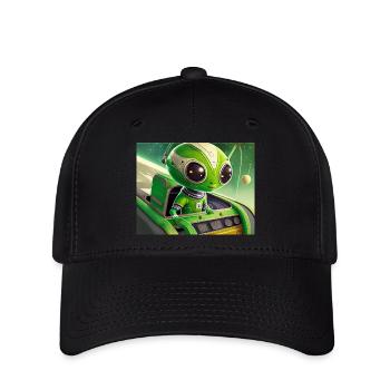 cute little green retro vintage alien flying a UFO - Flexfit Cap - black - Front