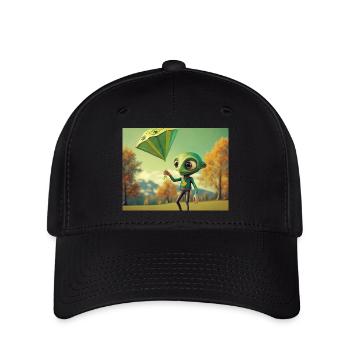 cute little green retro vintage alien fly a kite - Flexfit Cap - black - Front