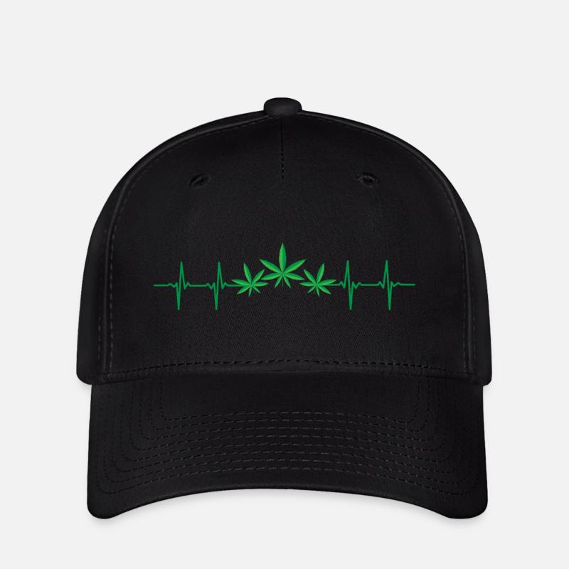 420 Weed Lover Heartbeat Line With Cannabis Leaf - Flexfit Cap - black