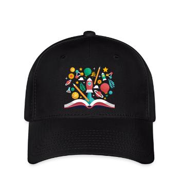 Livre ouvert avec des objets scolaires, apprendre et éduquer - Casquette Flexfit - noir - Devant