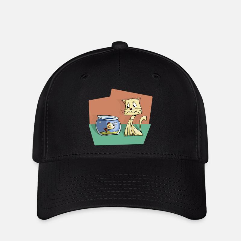 Cat with fish - Flexfit Cap - black