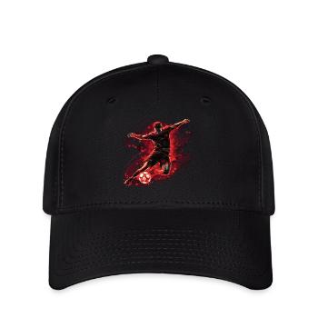 Ein Fußballer in einer dynamischen Aktion mit einem Torschuss. - Flexfit Cap - Schwarz - Vorne