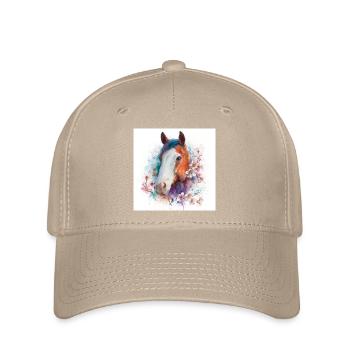 Aquarell Pferdeblüten-Porträt - Flexfit Cap - Khaki - Vorne
