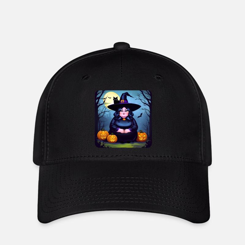 Fat witch with black cat and jack-o'-lanterns - Flexfit Cap - black