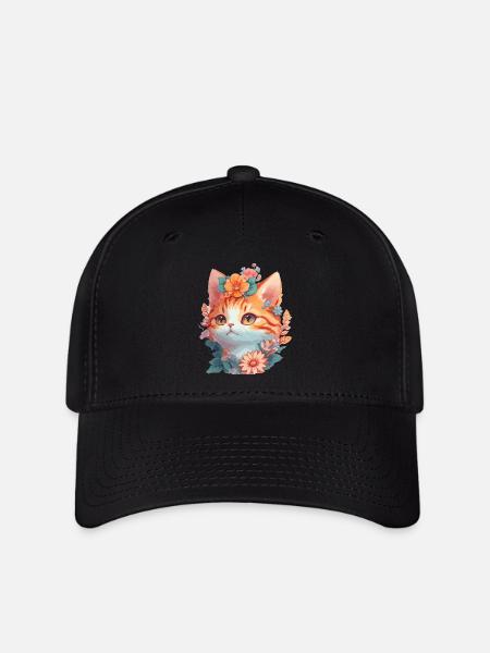 Rote Katze mit Blumen - Flexfit Cap - Schwarz