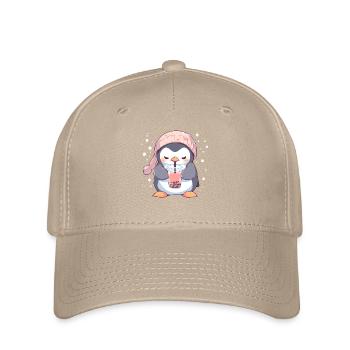 Kawaii Pinguin trinkt Boba Bubble Tea Chibi - Flexfit Cap - Khaki - Vorne