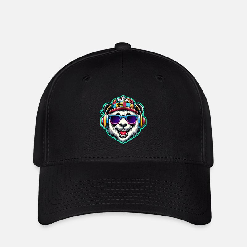 Cool DJ Panda Bear Headphones Colorful Retro Style - Flexfit Cap - Schwarz