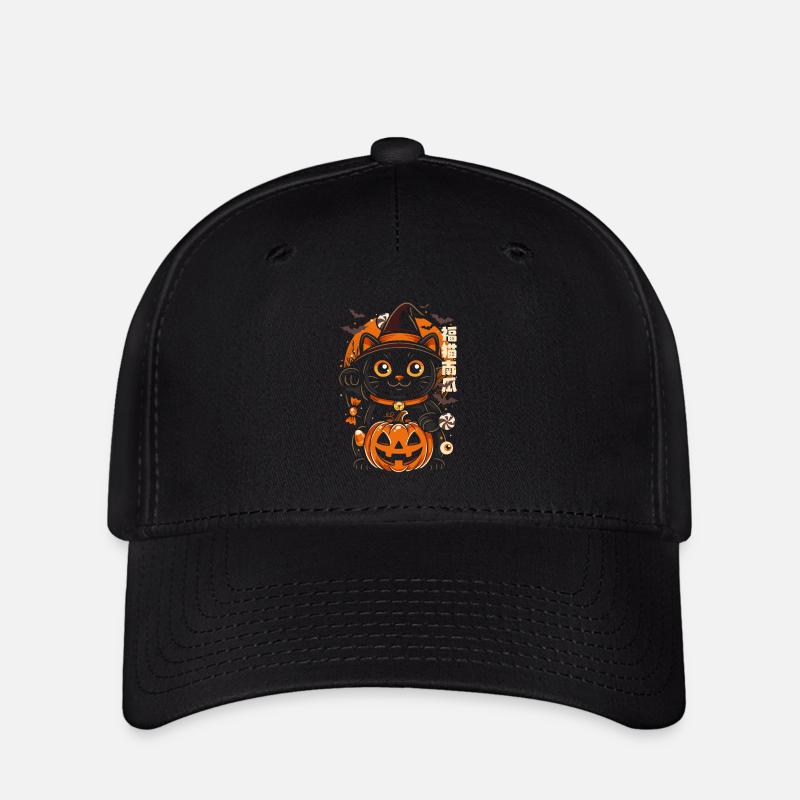 Chat Nocturne Halloween Citrouille Sorcière - Casquette Flexfit - noir