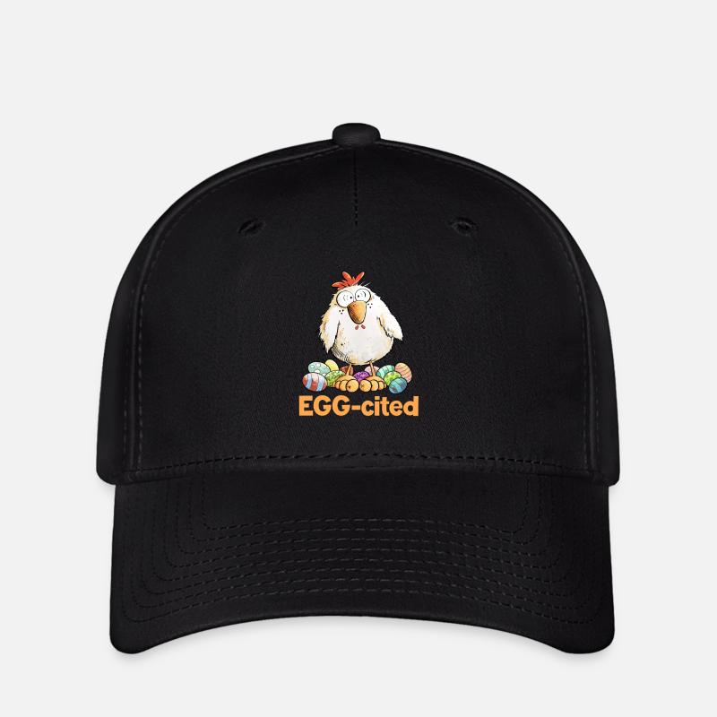 Excited Chicken with Easter Eggs Saying Eggcited - Flexfit Cap - black