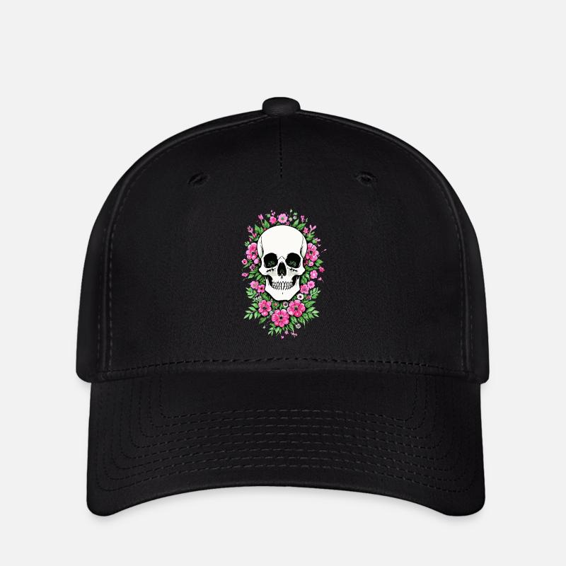 Crâne Fleur Crâne Crâne Crâne avec Fleurs - Casquette Flexfit - noir