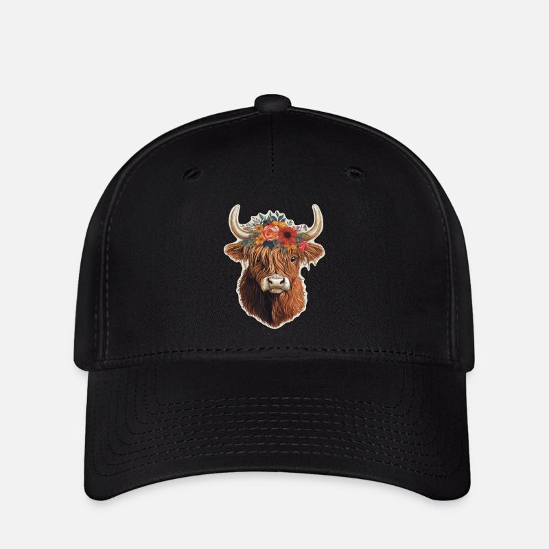 Highland cattle with flowers - Flexfit Cap - black
