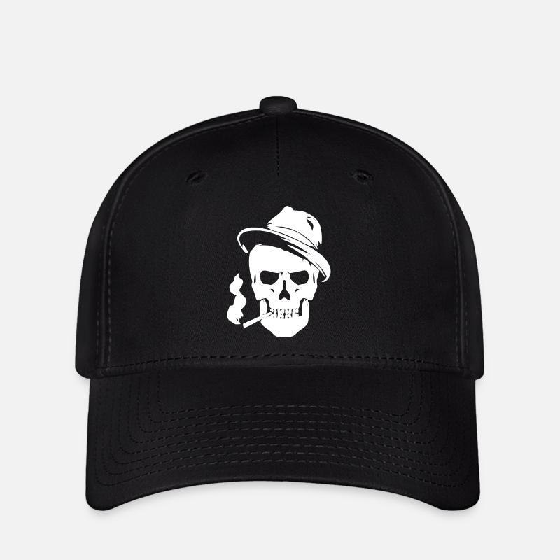 Vintage Skull with Fedora and Smoke - Flexfit Cap - black