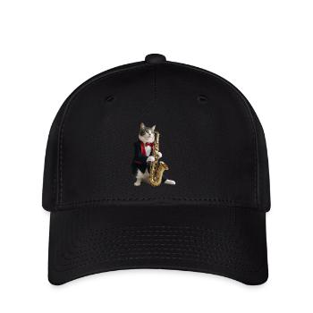 Katze Musiker Saxophon - Flexfit Cap - Schwarz - Vorne