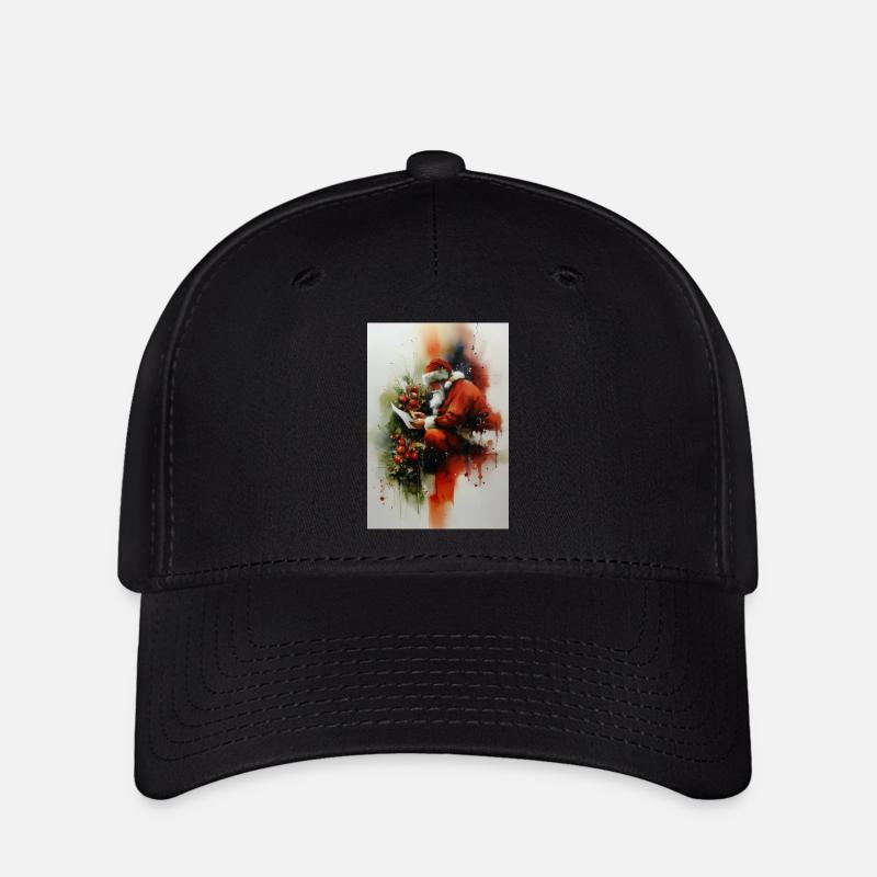 Watercolor Santa Reading Letter - Flexfit Cap - black