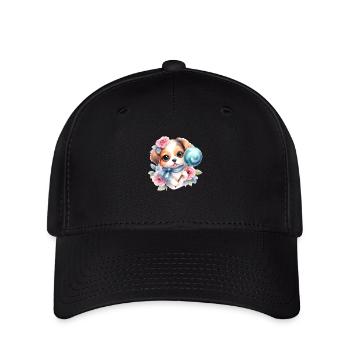 Niedlicher baby Hund mit Blumen und einem Lolli - Flexfit Cap - Schwarz - Vorne
