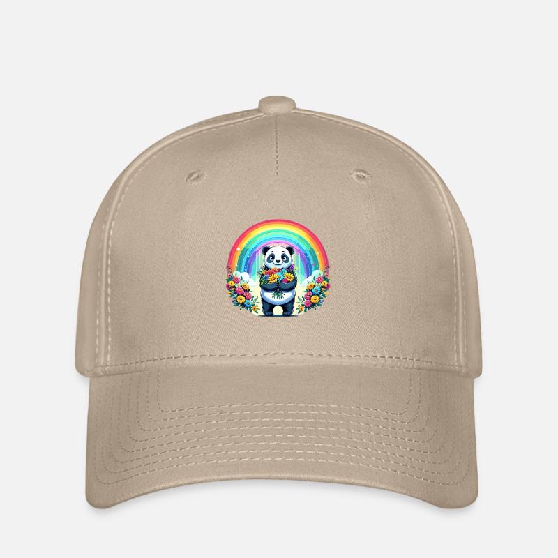 Panda mignon devant un arc-en-ciel avec des fleurs - Casquette Flexfit - kaki