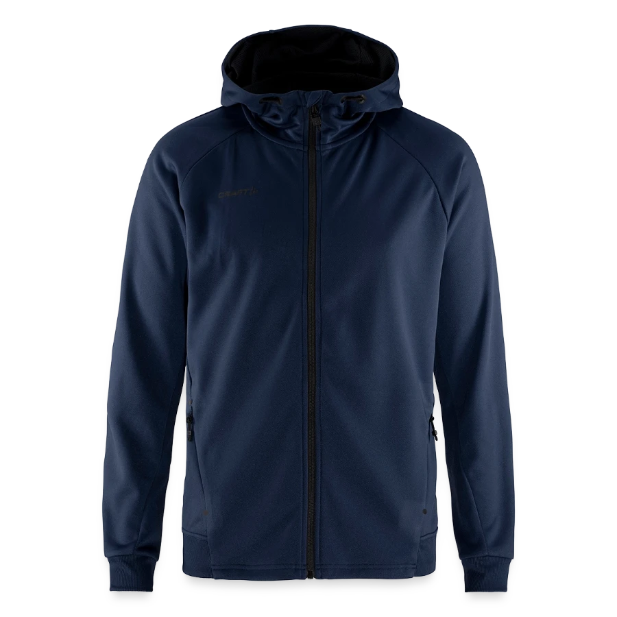 Interlaken badge on a craft adv unify hooded jacket, dark navy