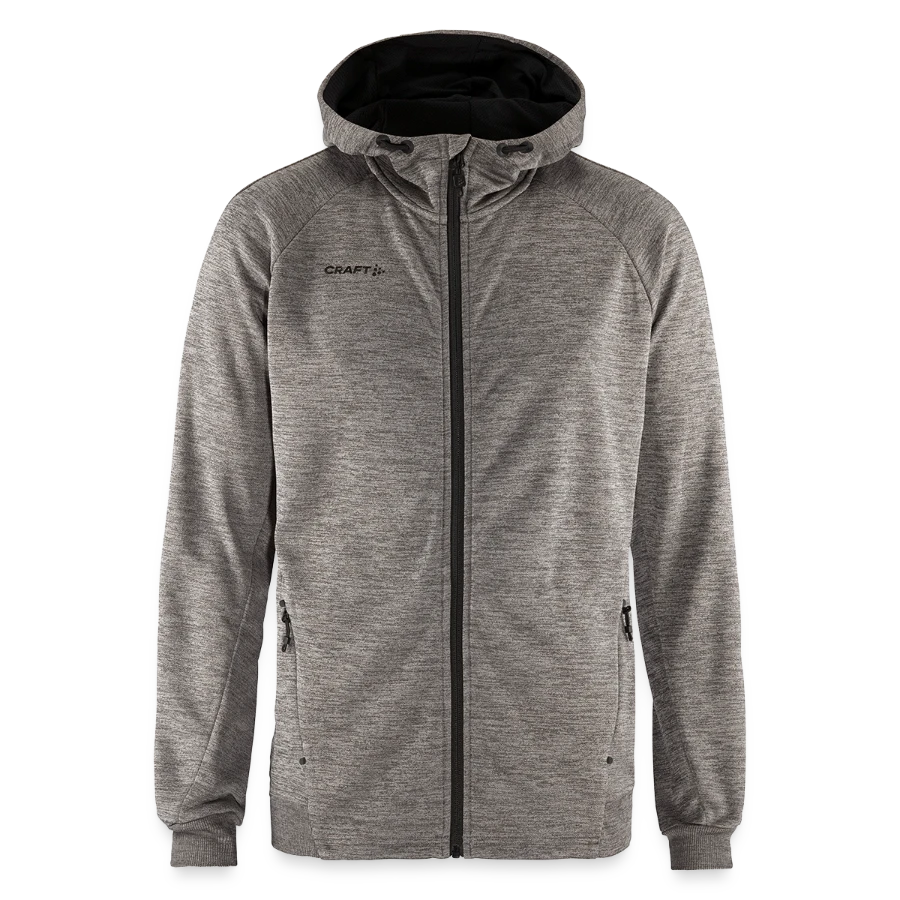 Geneva badge on a craft adv unify hooded jacket, dark heather grey