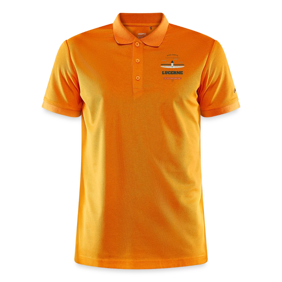 Lucerne badge on a craft core unify polo, heather bright orange