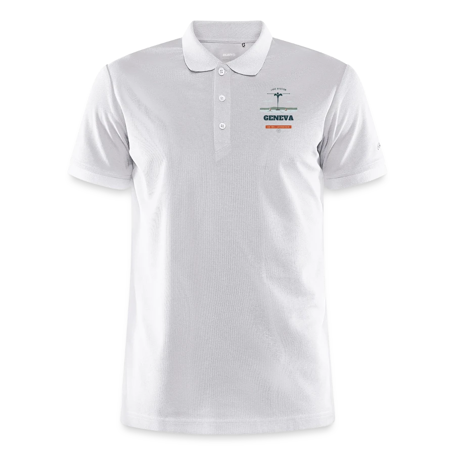 Geneva badge on a craft core unify polo, white
