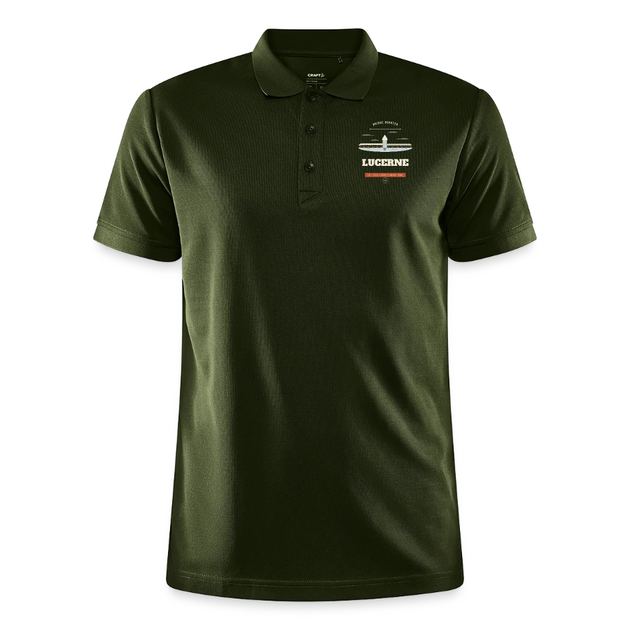 Lucerne badge on a craft core unify polo, moss green