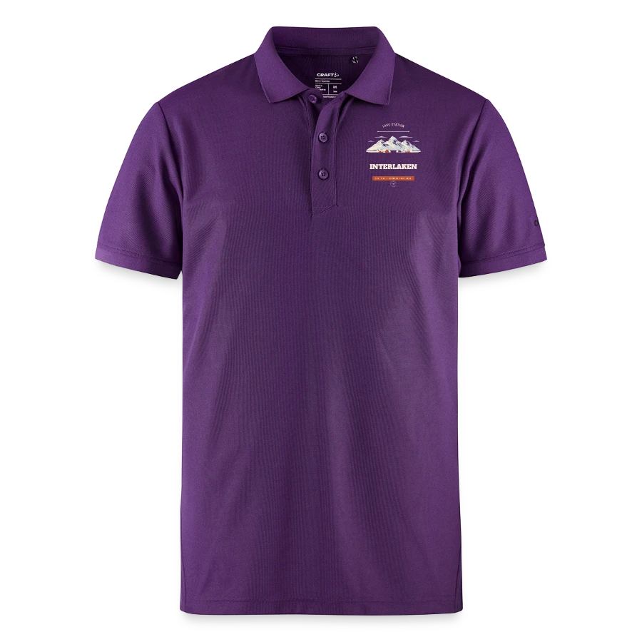 Interlaken badge on a craft core unify polo, purple
