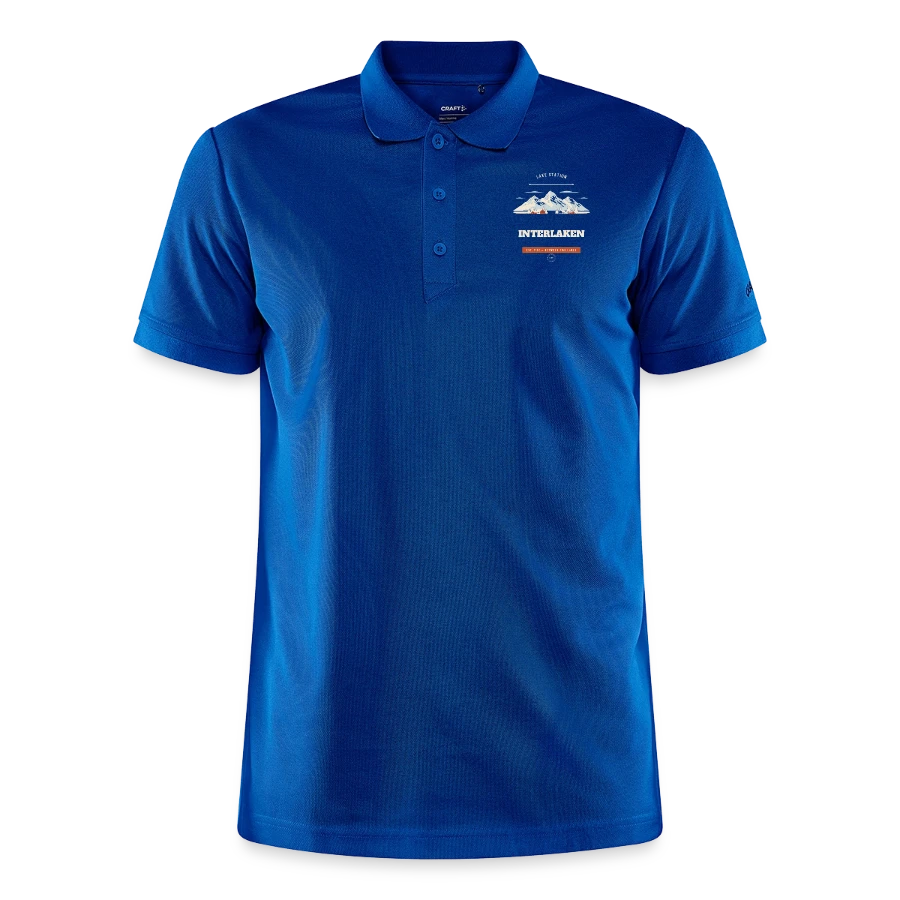 Interlaken badge on a craft core unify polo, deep royal